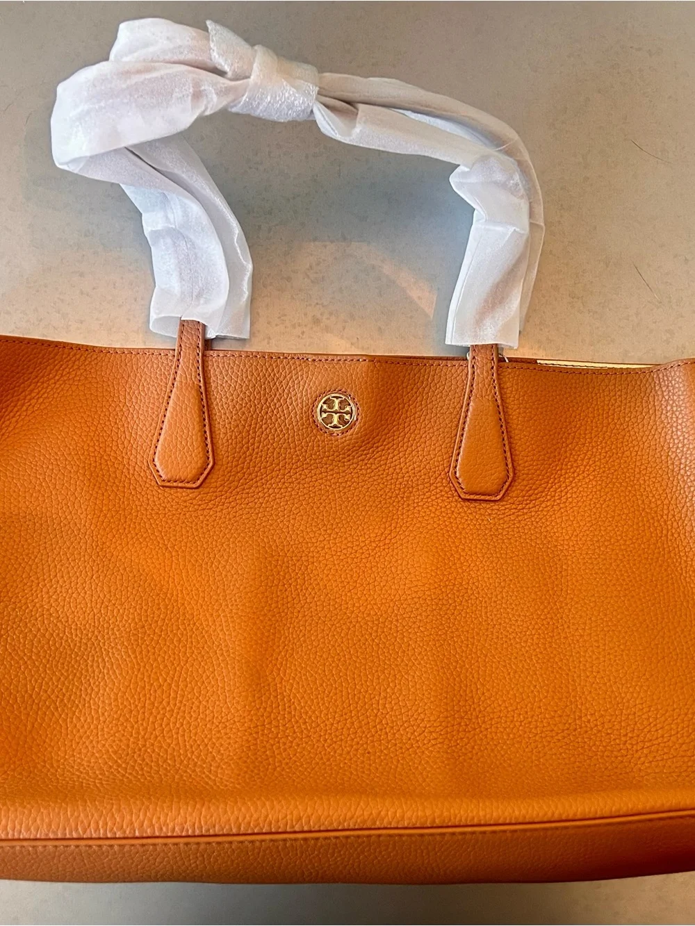 Tory Burch Orange Pebbled Leather Shoulder Bag with Gold Logo